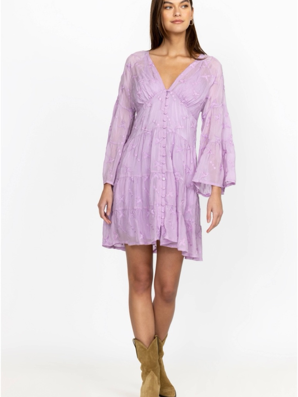 JOHNNY WAS PHOENIX FLOW DRESS Lilac V-Neck Button-Front Women’s Dress
